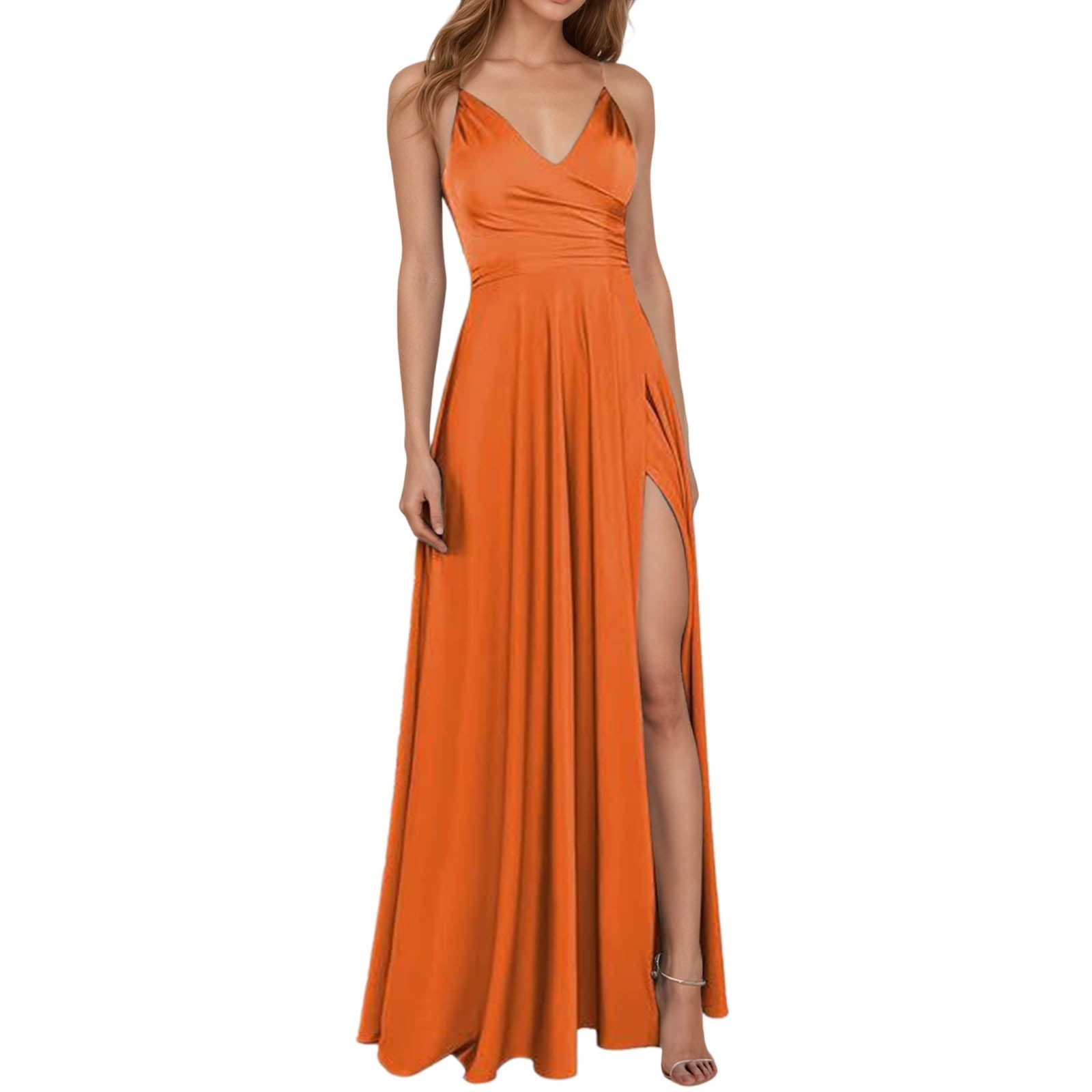 Orange Wedding Guest Dress Elegant Formal Evening Gown Deep Thigh High ...