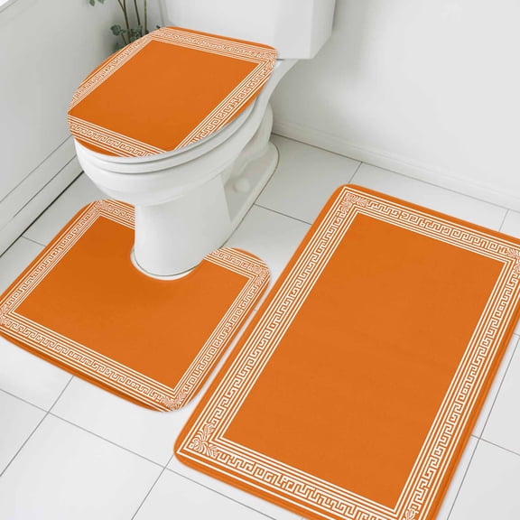 Orange White Bathroom Rugs Set Greek Inspired Abstract Geometric Art Non Slip Absorbent Soft Bath Mats 3 Piece Set with Bathroom Rug, U-Shaped Floor Mat, Toilet Seat Cover Small Size