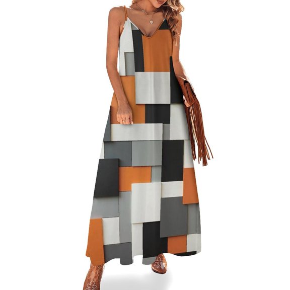 Orange White Black Grey Geometric Square Sleeveless Dress Women's Evening Dress Womans Clothing