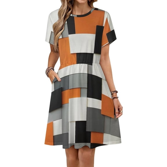 Orange White Black Grey Geometric Square Women's Dress Short Sleeve Summer Sundress Summer Women Clothes