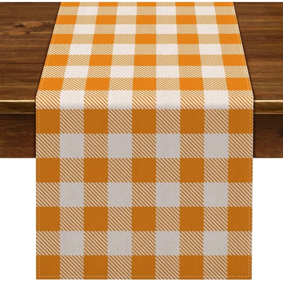 Orange White Buffalo Checked Plaid Table Runner Fall Harvest Gingham Thanksgiving Home Decor Holiday Birthday Party Kitchen Farmhouse Dining Room Decoration (13" x 72")