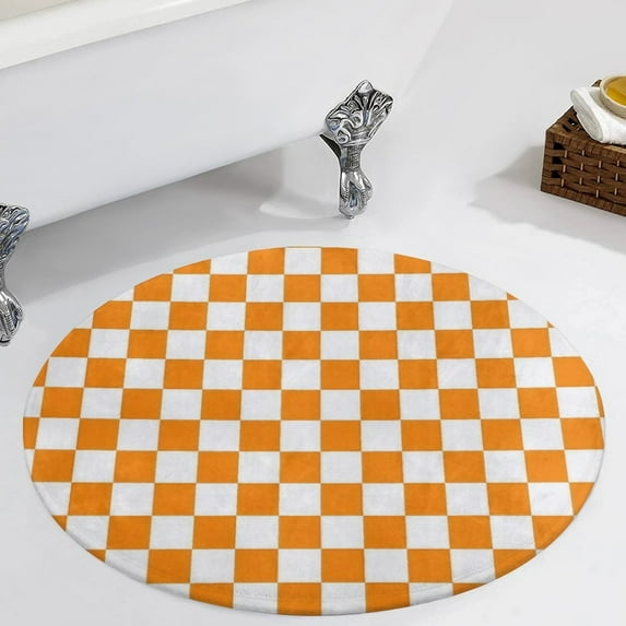Orange White Check Checkered Round Area Rugs for Bedroom Living Room, 3FT Soft Comfy Indoor Circle Carpets, Carpet Home Decor Floor Mat