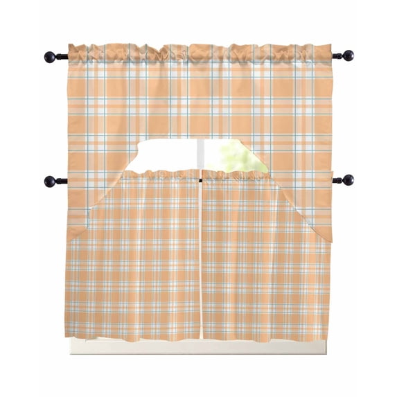 Orange White Checked Swag Curtains for Living Room/Bedroom Windows, Farmhouse Buffalo Plaid Country Kitchen Curtains and Valances Set 36 Inch Length, Light Filtering Swags Valance Curtain Panels