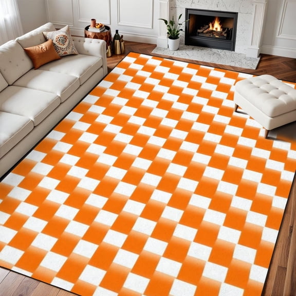Orange White Checkerboard Area Rug, Bold Square Pattern Carpet, Washable Non Slip Low Pile Soft Thin, Living Room Bedroom Dining Office Home Decor Mat 2x3ft