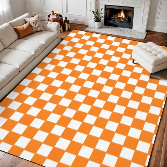 Orange White Checkerboard Area Rug, Retro Square Pattern Carpet, Washable Non Slip Low Pile Soft Thin, Living Room Bedroom Dining Office Home Decor Mat 2x3ft