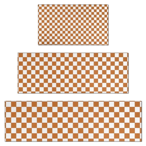 Orange and White Checkerboard Pattern Kitchen Rugs Sets Of 3,Kitchen Runner Rugs Non Skid Washable,Decorative Kitchen Floor Mats for Kitchen,Sink,Laundry,17"x30"+ 17"x47" + 17"x59"