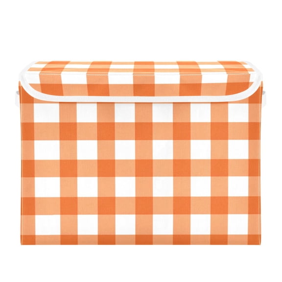 Orange and White Checkerboard Pattern Plaids Foldable Storage Bins with Lids Handles Collapsible Storage Containers Tote Boxes 16.5 x 12.6 x 11.8 inches
