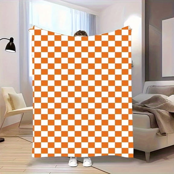 Orange and White Checkered Flannel Throw Blanket - Geometric Pattern, Soft Polyester, All-Season Cozy Wrap for Bedroom, Living Room, Camping & More, Lightweight & Machine Washable, Allseason Throw