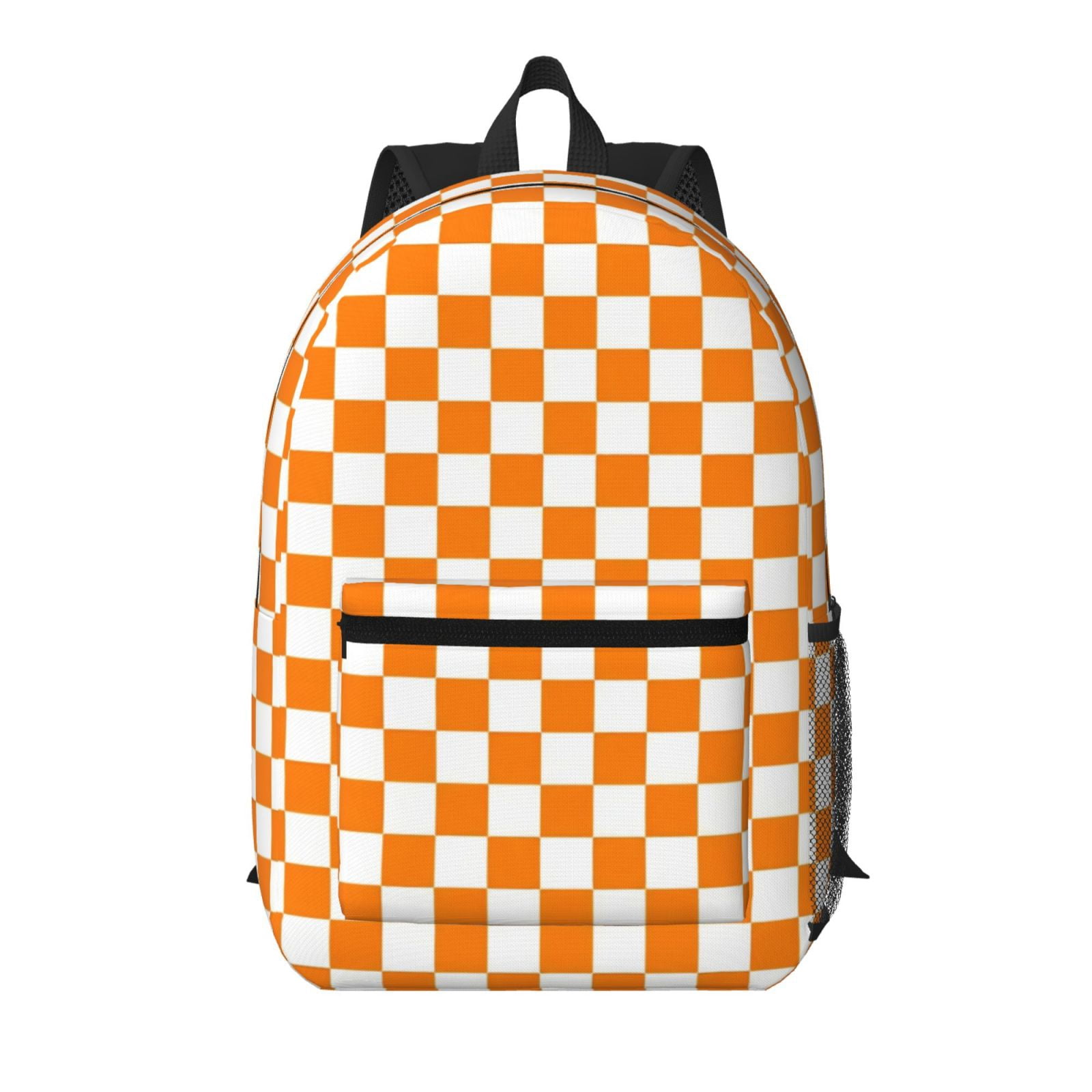 Orange White Checkered Pattern Backpack, 17 