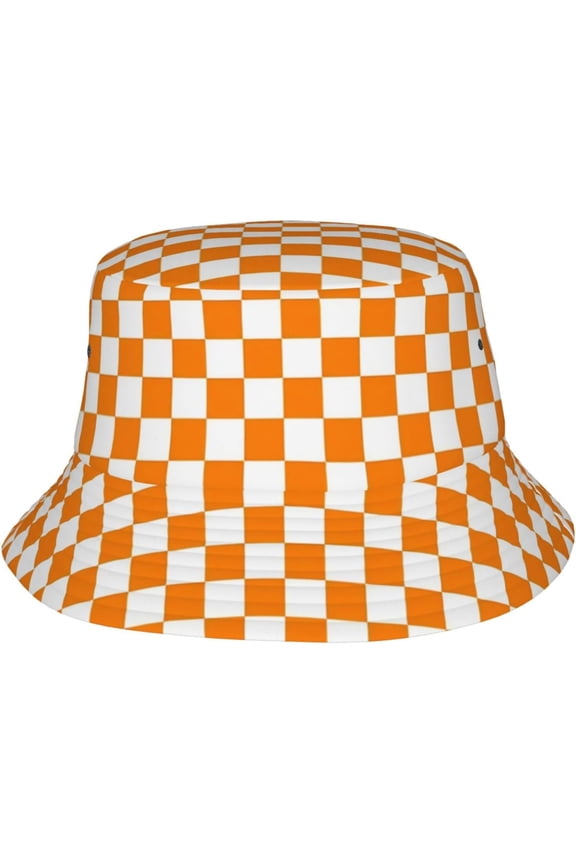 Orange White Checkered Pattern Sun Hats Washed Denim Bucket Hats Packable Beach Hats