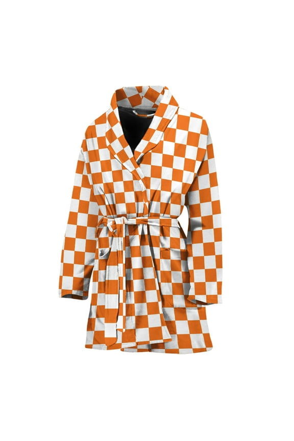 Orange And White Checkered Pattern Women Bathrobe One Size Univeral Fits, Checkered Caro Plaid Tartan Fashion Lightweight Plush Fleece Long Robe For Women