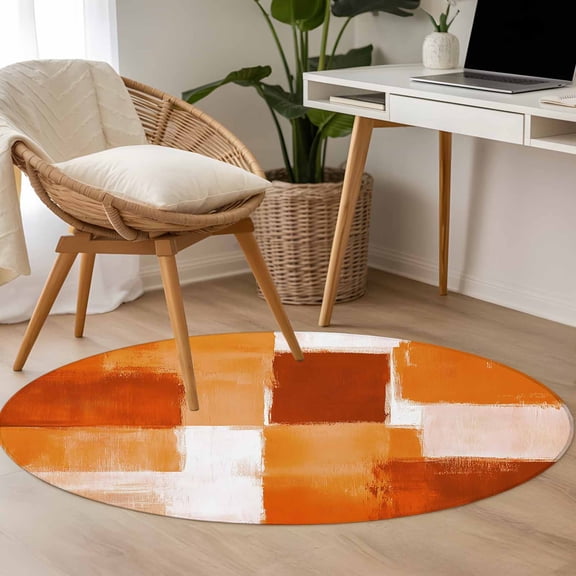 Orange White Color Block 3.3ft Round Rug for Bedroom Reading Corner, Paint Gradient Square Graffiti Washable Non Slip Circle Area Rug