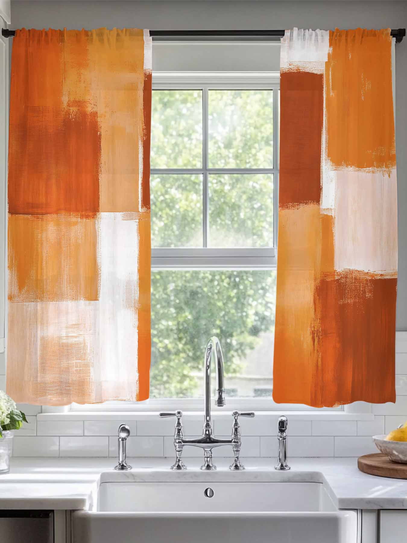 Orange White Color Block Sheer Curtains 63 Inches Long 2 Panels Paint ...