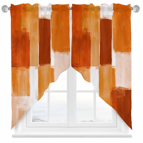 Orange White Color Block Swag Curtain Valance for Windows, Paint Gradient Square Graffiti Window Treatments Short Swag Topper for Kitchen Windows Bathroom Bedroom, 28"x36"