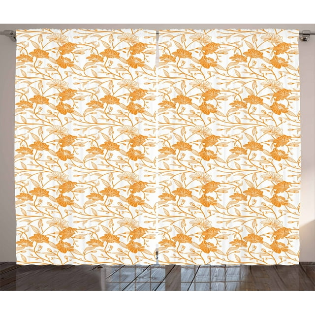 Ambesonne Orange and White Curtains 2 Panel Set, Flowering Stem, 108" x