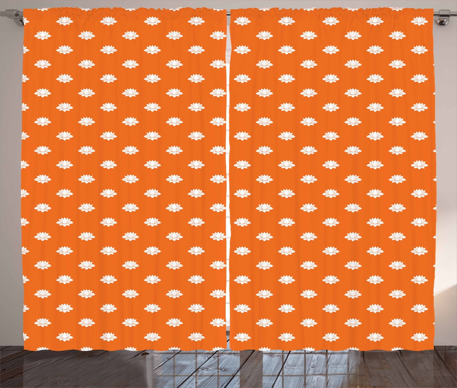 Ambesonne Orange and White Curtains 2 Panel Set, Japanese Lotus, 108" x
