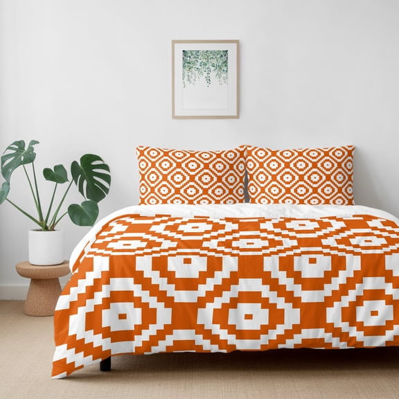 Orange White Diamond Plaid California King Size Bed Set,Abstract Geometric Style Bedding for All Seasons,4 Pcs Bed Set with 1 Quiltcover (96"x104"),1 Sheet (110"x98"),2 Pillowcases (20"x36")