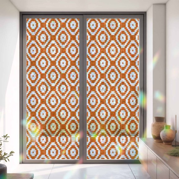 Orange White Diamond Plaid Window Privacy Film,Decorative Windows Static Cling Abstract Geometric Style Heat Control Removable Glass Sticker for Home Bathroom Bedroom Window Door,35x79in