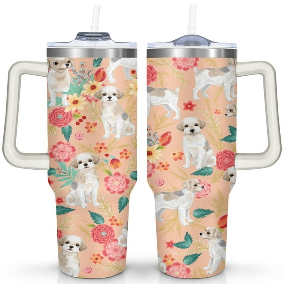 Orange and White Dog Flowers 40 Oz Tumbler with Handle Lid and Straw, Stainless Steel Double Walled Vacuum Insulated Cup, Cute Birthday Gifts Tumbler for Women Men Friends