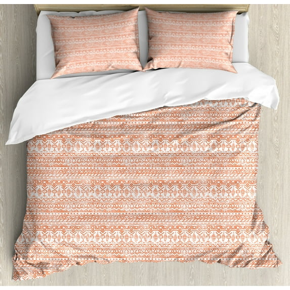Orange and White Duvet Cover Set King Size, Hand Drawn Geometric Shapes with Grunge Effect Rhombuses Triangles Dots, Decorative 3 Piece Bedding Set with 2 Pillow Shams, Orange White, by Ambesonne