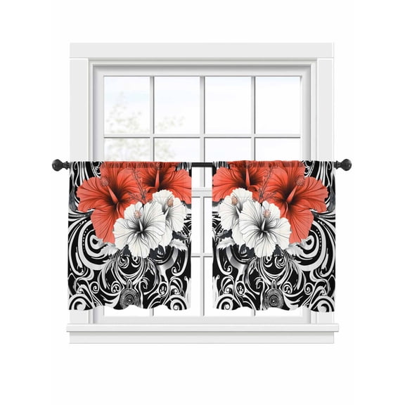 Orange White Flowers Sheer Curtains 2 Panels Set Black White Patterns Classic Art Sheer Window Curtains Light Filtering Rod Pocket Voile Drapes for Bedroom Living Room 52"x54"