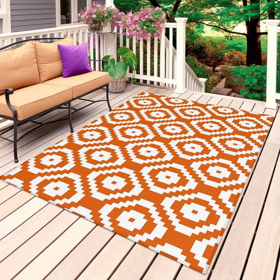 Orange White Geometric Outdoor Rug 3x5 Ft, Non Slip Washable Area Rug, Modern Abstract Art Patio Rugs Carpet Runner, Large Floor Mat for Indoor/Outdoor Deck Porch Camping