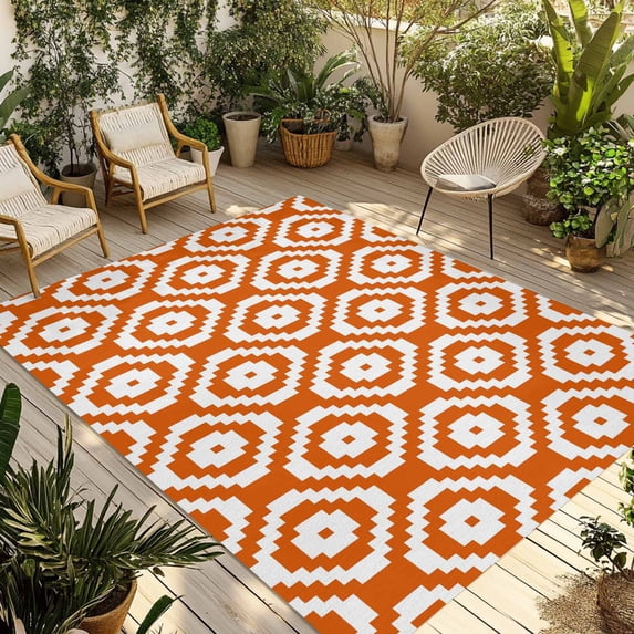 Orange White Geometric Outdoor Rug for Patio/Deck/Porch, Non-Slip Large Area Rug 6 x 9 Ft, Modern Abstract Art Indoor Outdoor Rugs Washable Area Rugs, Reversible Camping Rug Carpet Runner