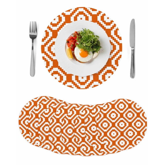 Orange White Geometric Round 13 Inch Placemats Set of 8, Modern Abstract Art HeatResistant Non Slip Place Mats for Dining Table, Wipeable Braided Kitchen Table Mats for Housewarming