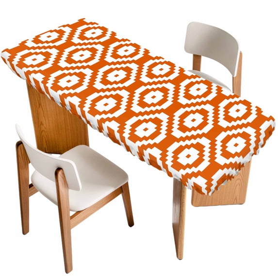 Orange White Geometric Table Cloths for 8 Foot Rectangle Tables, Modern Abstract Art Patio Waterproof Elastic Fitted Tablecloths, Washable Rectangular Table Cover for Camping