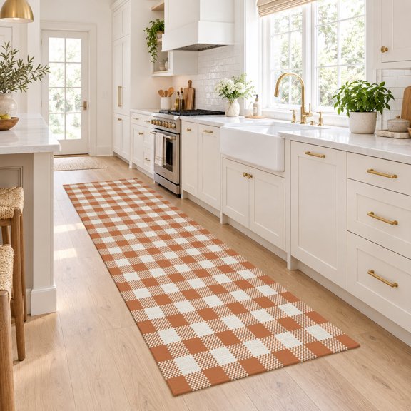Orange White Gingham Grid Runner Rug for Kitchen Bedroom Hallway Rug 2x6ft, Retro Farmhouse Plaid Soft Non-Slip Runner Rugs,Anti-Fatigue Washable Rugs Floor Mat for Entryway