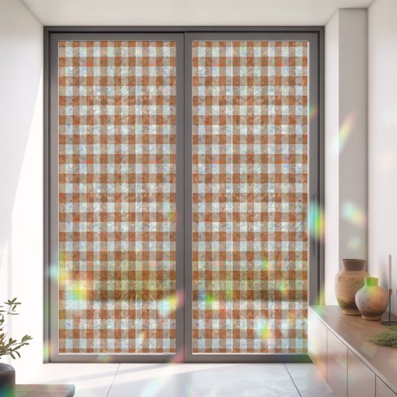 Orange White Gingham Grid Window Privacy Film,Decorative Windows Static Cling Retro Farmhouse Plaid Heat Control Removable Glass Sticker for Home Bathroom Bedroom Window Door,35x79in