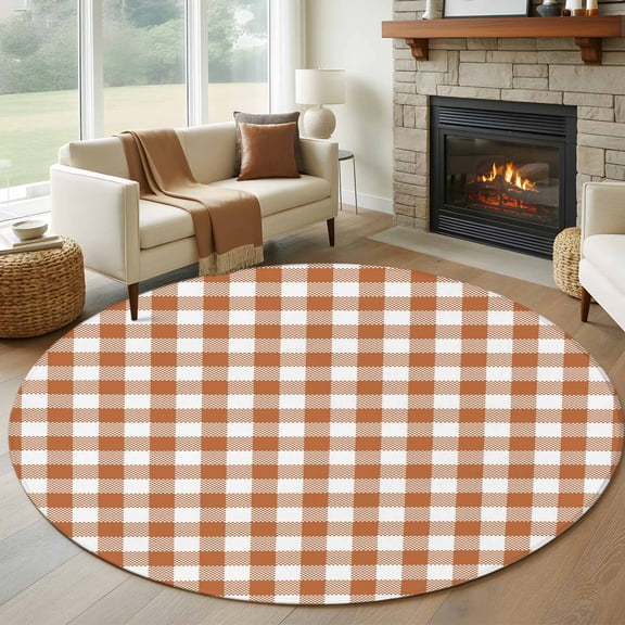 Orange White Gingham Grids Round Rug 5ft Modern Minimalist Plaid Washable Area Rugs for Living Room Bedroom Entryway Non Slip Entrance Door Mat Indoor Floor Carpet