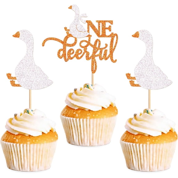 Orange White Glitter One Deeful Goose Cupcake Toppers 12 Count Cute Duck Number One Cupcake Picks for Goose Theme Baby 1st Birthday Smash Cake Decor