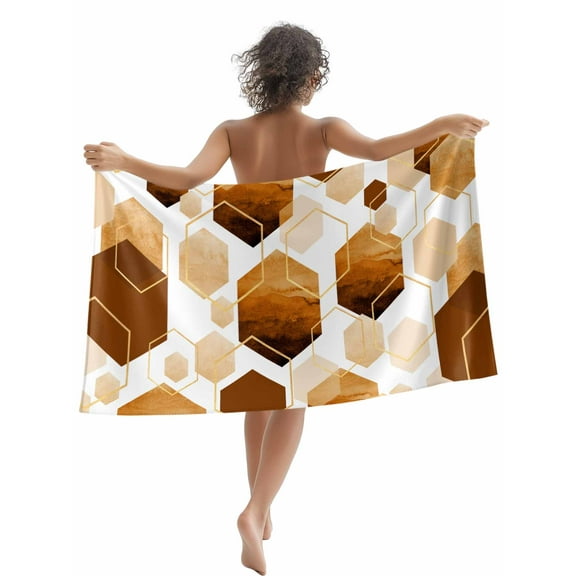Orange White Gold Geometric Beach Towels Blanket Soft & Absorbent Quick Dry Microfiber Modern Abstract Hexagon Pattern Pool Towels for Swimming ,Yoga, Sports, Gym, Camping,Large 30X60in,
