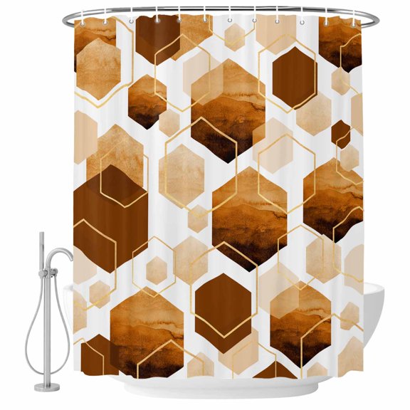 Orange White Gold Geometric Fabric Shower Curtain Modern Abstract Hexagon Pattern Washable Shower Curtains for Bathroom, Waterproof Bath Curtain with Hooks Home Decor 72x72in
