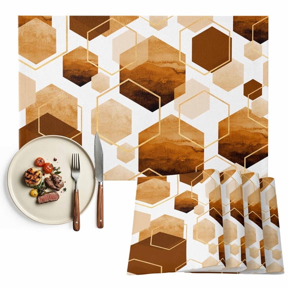 Orange White Gold Geometric Placemats Set of 12, Modern Abstract Hexagon Pattern Table Mats Washable Heat-Resistant Non-Slip Place Mats for Kitchen Dinner Table Indoor Outdoor Decor,13x19 Inch