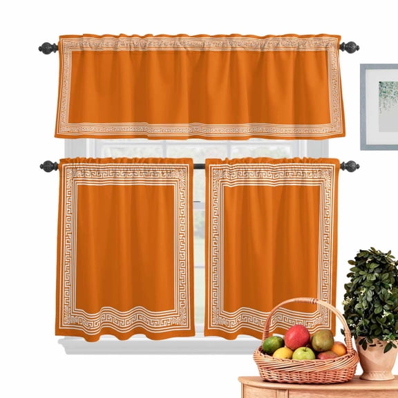 Orange White Kitchen Curtains Valances 3 Piece Set, Greek Inspired Abstract Geometric Art Rod Pocket Tier Curtain and Valance Drapes for Small Window 24 Inch Length for Bedroom Cafe