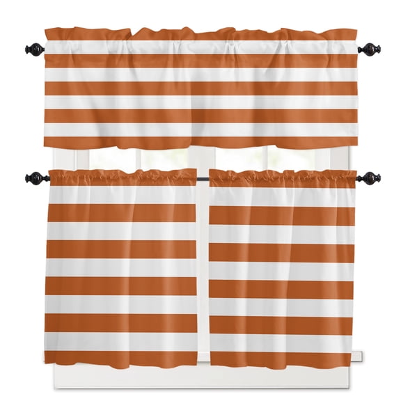 Orange White Kitchen Curtains Valances and Tiers Set of 3, 24 Inch Length Tier Curtains and Valance Rod Pocket Valance Curtains Set for Kitchen Bathroom Small Windows