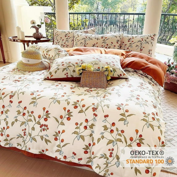 Orange White Leaves Flower Reversible Bed Linen Set Duvet Cover(King Size)