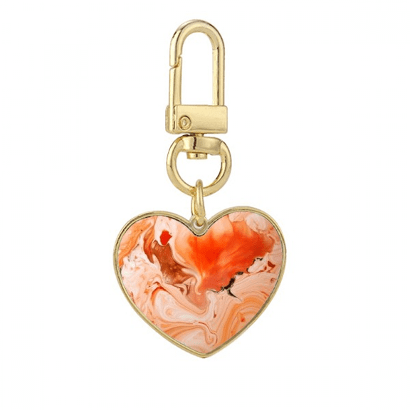 Orange White Marble Modern Pattern Gold Heart Keychain Metal Keyring Holder