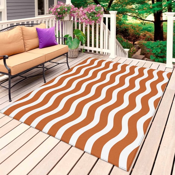 Orange White Outdoor Rug 4x6 Ft, Non Slip Washable Area Rug, Modern Abstract Waves Water Ripple Striped Patio Rugs Carpet Runner, Large Floor Mat for Indoor/Outdoor Deck Porch Camping