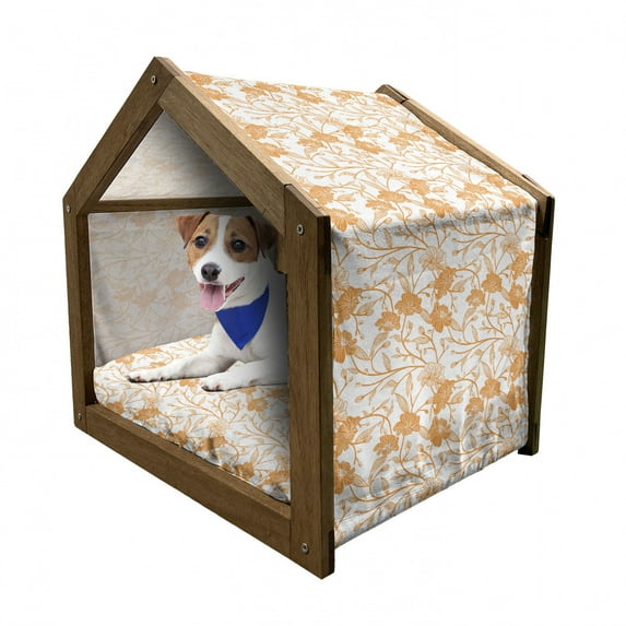 Orange and White Pet House, Abstract Drawing of Flowering Stems Blooming Buds Nature Coming Alive, Outdoor & Indoor Portable Dog Kennel with Pillow and Cover, 5 Sizes, Orange White, by Ambesonne