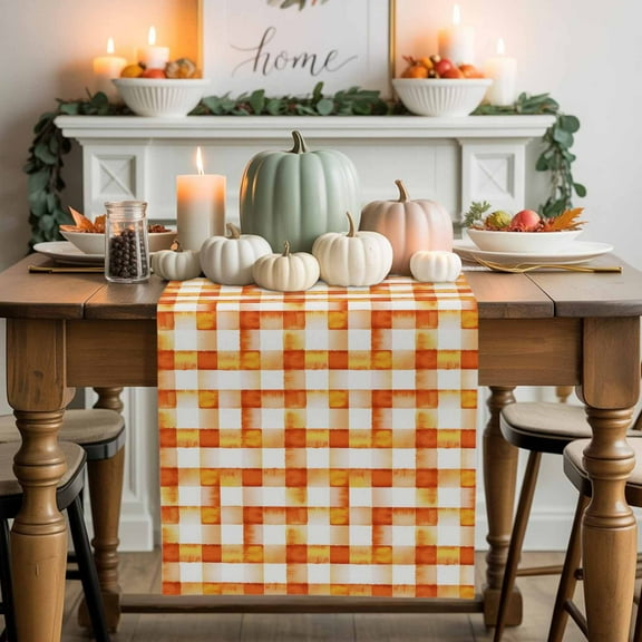 Orange White Plaid Cotton Linen Table Runner, Washable Table Runners for Kitchen, Dining Room, Holiday, Home Party Table Decor, 13x48 Inches