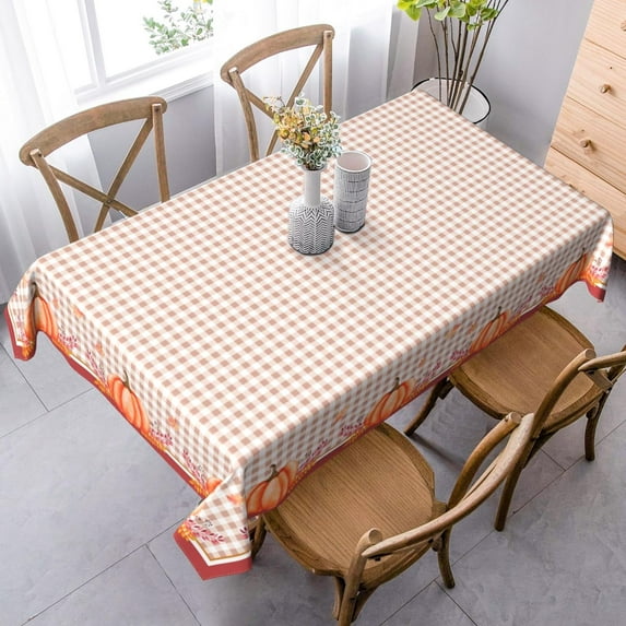 Orange and White Plaid Pumpkin Rectangle Tablecloth - 60x102 Inch Oblong Fall Checkered Halloween Table Cover Polyester Water-Repellent Washable Reusable and Durable for Party Picnic