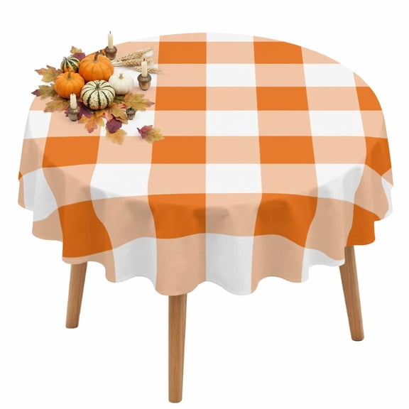 Orange White Plaid Round Tablecloth 60 inches Classic Orange Gingham Check Grid Rustic Waterproof Oil-Proof Table Cloth Round Table Cover for Holiday Party Picnic Dinner Decor Indoor and Outdoor Use