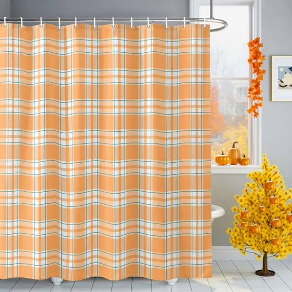 Orange White Plaid Shower Curtains for Bathroom, Country Style Farmhouse Simple Striped Waterproof Fabric Shower Curtain for Bathroom Bathtub Decoration, Machine Washable, 60"x72"