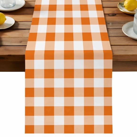 Orange White Plaid Table Runner, Classic Orange Gingham Check Grid Rustic Cotton Linen Kitchen Dining Table Runner Home Decor for Party Festival Holiday Decoration Gift 13x60in