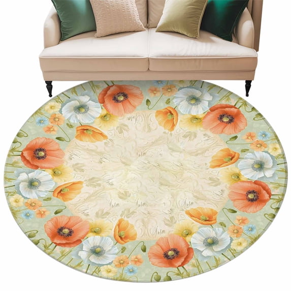 Orange White Poppy Round Area&nbsp;Rug 7ft Watercolor Floral Non-Slip&nbsp;Washable Circle Rugs Soft Felt Indoor Floor Mat for Bedroom Kitchen Living Room Bathroom