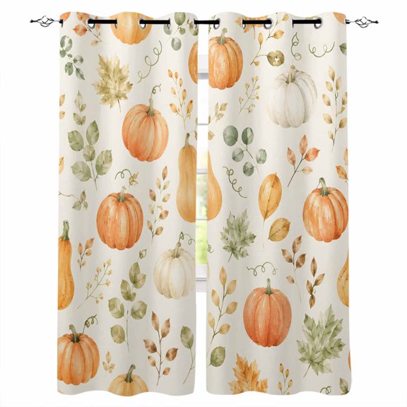 Orange White Pumpkin Blackout Curtains for Bedroom Living Room Darkening Curtains 96 Inches Long Fall Thanksgiving Maple Leaf Boho Window Curtain 2 Panels Set Insulated Grommet Drapes 52"x96"