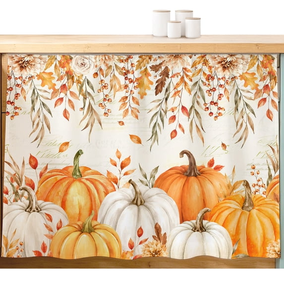 Orange White Pumpkin Fall Cabinet Curtains 28''x35'', Thanksgiving Weeping Leaves Sink Base Skirt for Bathroom Kitchen Under Desk, Laundry Privacy Drape Waterproof Closet Dishwasher Curtains